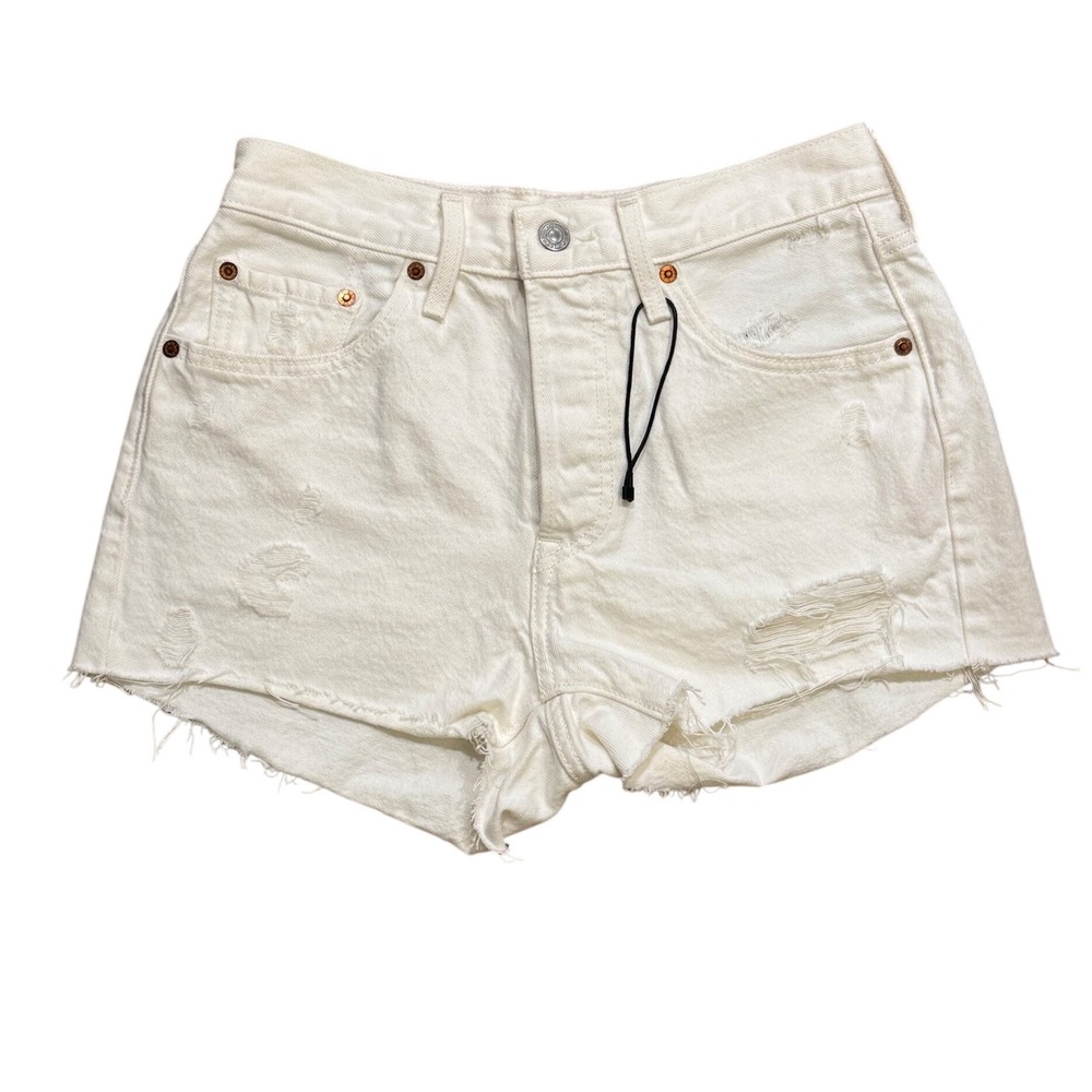 NEW Levi's‎ 501 Original Shorts Women 26 White Distressed High Rise Cotton Beach